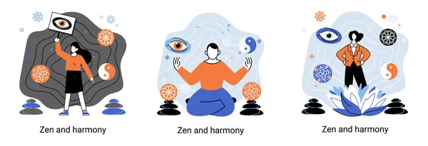 Zen Harmony Metaphor Meditation Practice Balance Relaxation Mindfulness Calm Person — ストックベクタ