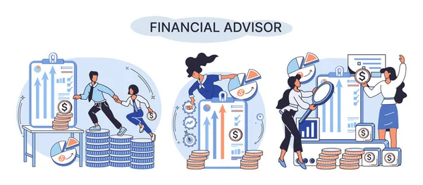 Financial Advisor Giving Advice Investment Money Market Analysis Management Planning —  Vetores de Stock