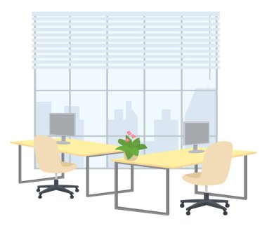 Boş ofis iç tasarımı. İş objeleri, vektör elementleri ve ekipmanlar. Mobilyalı modern ofis, masadaki bilgisayar, sandalyeler, evdeki çalışma alanı veya çalışansız ofis galası