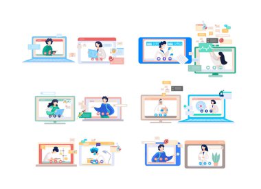 Çevrimiçi doktor konferansı, akıllı telefonunuzla danışma. Tıbbi uygulama ve web siteleri için kavram. Bilim adamlarının, virüslere ve bilimsel araştırmalara karşı savaşmaları üzerine yaptıkları uzak toplantılar.