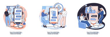 Çevrimiçi tıbbi hizmetler mobil uygulama danışma ve reçeteli tıp profesyonel doktor herhangi bir yerdeki hastaya teletıp metaforu, sağlık programı bağlayan ve danışmanlık yapan