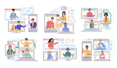 Sanal toplantı, online takım çalışması. Video konferansına katılan bir grup meslektaşla birlikte masaüstü bilgisayarı. Video konferans ve çevrimiçi iletişim için yazılım. Çevrimiçi kafatası oturumu, webinar