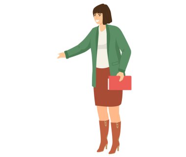 Elinde dosya tutan genç bir kadın. Kadın çalışan elinde belgelerle ayakta duruyor. Kız eliyle bir şeyi işaret ediyor. Beyazlara izole edilmiş panosu olan meçhul iş kadını çalışma görevlerini yerine getiriyor.