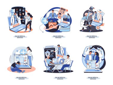 Çevrimiçi tıbbi hizmetler mobil uygulama danışmanlığı ve reçeteli tıp profesyonel doktoru hasta, teletıp konsepti metaforu, sağlık hizmetleri programı