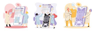 Çevrimiçi tıbbi danışmanlık ve destek metaforu. Çevrimiçi doktor. Sağlık hizmetleri, doktora sorun. Tele tıp e-sağlık servisi. Terapist telefon ekranını arıyor. Hastaların teşhisi