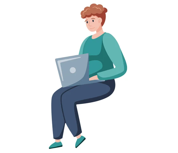 年轻女子使用笔记本电脑 坐着荷花姿势 双腿交叉 与病媒隔离 坐在家里做平板电脑的学生 与计算机远程工作的自由职业者或女职员 — 图库矢量图片