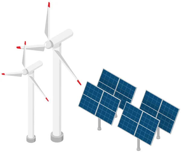 现代智能太阳能发电厂技术设备 风力涡轮机发电厂 数字相关资产 具有光电太阳能电池板和充电电池的发电厂蓄电池 — 图库矢量图片