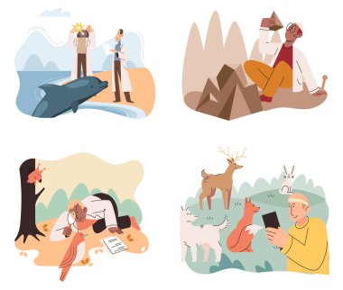 Hayvanları doğal ortamlarında inceleyen bir zoolog. Bilim adamı faunayı araştırıyor ve araştırıyor. Vahşi doğaya vahşi hayvan koruma gezisi. Vahşi hayattaki vahşi hayvanların yaşam koşullarını incelemek