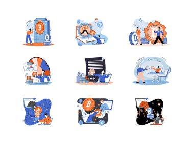 Kripto para birimi bitcoin madencilik metaforu Blockchain takas platformu. Siber bankacılık prosedürleri, bitcoin ticareti, cüzdan. Nakit işlemleri. Dijital para birimi, kripto para birimi pazarı, gizli madencilik