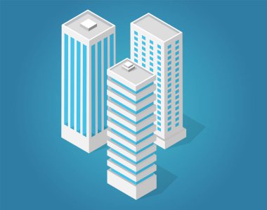 Düz stil konsepti olan farklı gökdelen binaları izole edildi. Modern gökdelen şehir yapısı ve ev cephesi. Apartmanlı sanayi binaları. Kentsel altyapı ögesi