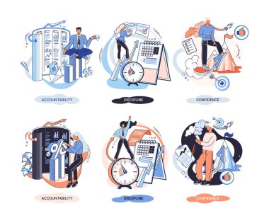 Disiplin konsepti ikonu. Zaman yönetimi. Çalışma günü fikri metaforu. Günlük ilişkiler, çalışma, hobi, çalışma ve dinlenme zamanı göstergeleri. Planlanan planların yönetmeliklere uygun şekilde gerçekleştirilmesi