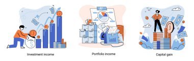 Capital gain, portfolio income, investment income. Investments and bonds, cash flow money slot, mutual fund, finance abstract metaphor. Money investing financiers analyzing stock market profit dollars