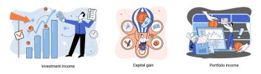Capital gain, portfolio income, investment income. Investments and bonds, cash flow money slot, mutual fund, finance abstract metaphor. Money investing financiers analyzing stock market profit dollars