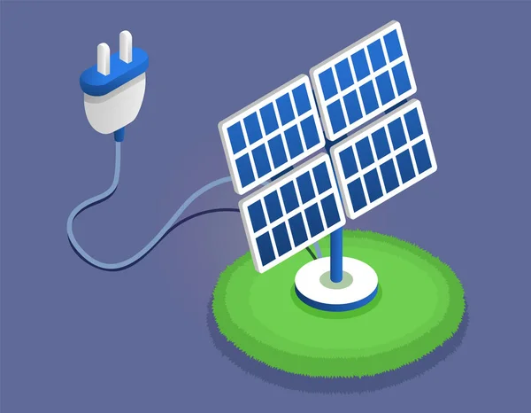 现代智能太阳能发电厂技术设备 数字相关资产 具有光电太阳能电池板和可充电锂离子备用电源的发电厂蓄电池 — 图库矢量图片