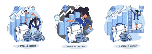 포트폴리오 소득세 사업가 투자자 동전을 거래하는 포트폴리오를 시장의 이익을 분석하는 — 스톡 벡터