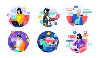 Ses asistanı. Akıllı hoparlör sanal asistanı, ses robotu, ses kontrollü akıllı hoparlör kullanan insanlar. Ses etkinleştirilmiş dijital kimlik kontrolü erişimi olmayan mobil cihaz mikrofonu