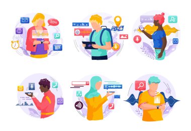 Ses asistanı. Akıllı hoparlör sanal asistanı, ses robotu, ses kontrollü akıllı hoparlör kullanan insanlar. Ses etkinleştirilmiş dijital kimlik kontrolü erişimi olmayan mobil cihaz mikrofonu