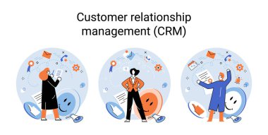 CRM metaphor. Customer Relationship Management. Application software for organizations automatisation of customer interaction strategies to increase sales, optimize marketing, improve customer service