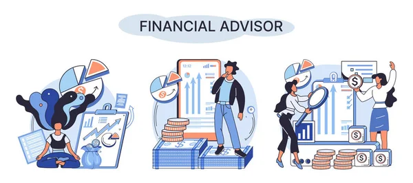 Financial Advisor Giving Advice Investment Money Market Analysis Management Planning —  Vetores de Stock