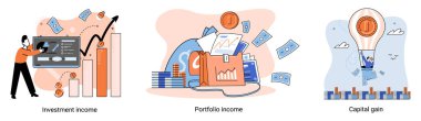 Capital gain, portfolio income, investment income. Investments and bonds, cash flow money slot, mutual fund, finance abstract metaphor. Money investing financiers analyzing stock market profit dollars