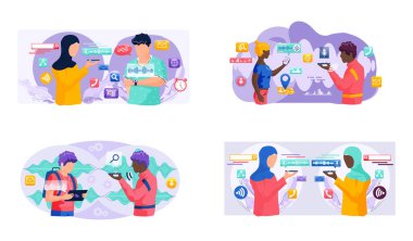 Ses asistanı. Akıllı hoparlör sanal asistanı, ses robotu, ses kontrollü akıllı hoparlör kullanan insanlar. Ses etkinleştirilmiş dijital kimlik kontrolü erişimi olmayan mobil cihaz mikrofonu