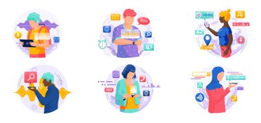 Ses asistanı. Akıllı hoparlör sanal asistanı, ses robotu, ses kontrollü akıllı hoparlör kullanan insanlar. Ses etkinleştirilmiş dijital kimlik kontrolü erişimi olmayan mobil cihaz mikrofonu