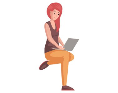 Bilgisayarla uzaktan çalışan bir kadın. Serbest ya da internet işi konsepti. Bayan dizüstü bilgisayar vektör çizimi ile oturuyor. İnternetten ders çalışan bir kız. Elektronik cihazla çalışan serbest çalışan bir kadın.