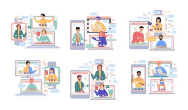 Sanal toplantı, online takım çalışması. Video konferansına katılan bir grup meslektaşla birlikte masaüstü bilgisayarı. Video konferans ve çevrimiçi iletişim için yazılım. Çevrimiçi kafatası oturumu, webinar