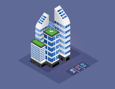 Düz stil konsepti olan farklı gökdelen binaları izole edildi. Modern gökdelen şehir yapısı ve ev cephesi. Apartmanlı sanayi binaları. Kentsel altyapı ögesi