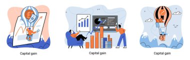 Sermaye kazancı, net gelir, parasal kazanç ve büyüyen grafik. Ekonomik büyüme, yatırım gelirleri. İş başarısının metaforu. Bir mal varlığının satın alma fiyatı ile satış fiyatı arasındaki fark