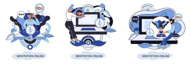 Meditasyon çevrimiçi metafor. Laptop dersleri, yoga çalışmaları, zihinsel egzersizler. Canlı yayın, internet eğitimi. Sağlık uygulaması barış zihniyetini geri getirir. Sağlıklı yaşam tarzı, temiz beyin ve yönetim