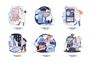 Sağlık programı metaforu, çevrimiçi sağlık hizmetleri, koruma ilaçları. Sağlık sigortası, hastane hizmetleri, önleyici kontroller, hastalık izni tedavisi hastaları, teletıp