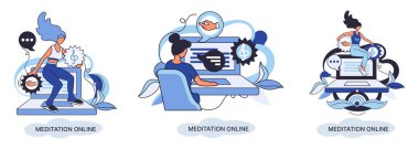 Meditasyon çevrimiçi metafor. Laptop dersleri, yoga çalışmaları, zihinsel egzersizler. Canlı yayın, internet eğitimi. Sağlık uygulaması barış zihniyetini geri getirir. Sağlıklı yaşam tarzı, temiz beyin ve yönetim