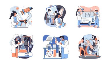 Tıbbi araştırma. Laboratuvar teşhis hizmetleri, tıbbi cihaz tasarım geliştirme sahneleri metaforu. Kimya kliniğindeki bilim adamları, mikrobiyoloji farmasötik araştırmaları. Aşı keşfi