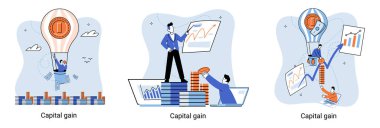 Sermaye kazancı, net gelir, parasal kazanç ve büyüyen grafik. Ekonomik büyüme, yatırım gelirleri. İş başarısının metaforu. Bir mal varlığının satın alma fiyatı ile satış fiyatı arasındaki fark