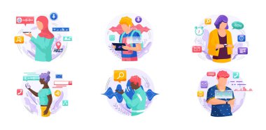 Ses asistanı. Akıllı hoparlör sanal asistanı, ses robotu, ses kontrollü akıllı hoparlör kullanan insanlar. Ses etkinleştirilmiş dijital kimlik kontrolü erişimi olmayan mobil cihaz mikrofonu