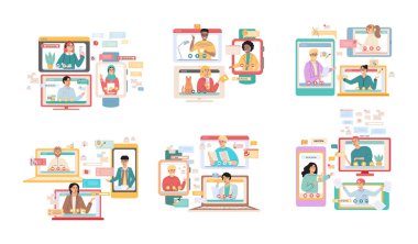 Sanal toplantı, online takım çalışması. Video konferansına katılan bir grup meslektaşla birlikte masaüstü bilgisayarı. Video konferans ve çevrimiçi iletişim için yazılım. Çevrimiçi kafatası oturumu, webinar