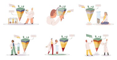 Toprak analizi ve toprak kirliliği metaforu veya yapı kontrolü. Besleyici mikroorganizma bileşimi araştırma katmanı yapı örneği. Toprak laboratuvar testi. Bilim adamı seviye ölçme durumu