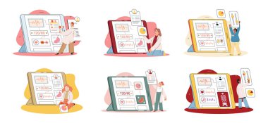 Çevrimiçi tıbbi danışmanlık ve destek metaforu. Çevrimiçi doktor. Sağlık hizmetleri, doktora sorun. Tele tıp e-sağlık servisi. Terapist telefon ekranını arıyor. Hastaların teşhisi