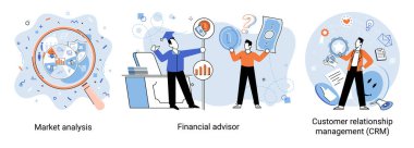 Market statistics analysis, financial advisor, customer relationship management business themes metaphor. Investment money, management planning for customer. Fiscal consultantation, client interaction
