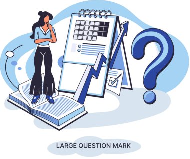 Ladge soru işareti. Sorun ve çözüm konsepti. Belirsizlik ve açıklanamayan durumlar. Kadın sorular sorar ve cevapları alır. Çevrimiçi destek merkezi. Karmaşık sorunları çözmek neden belirsizliği imzalamak