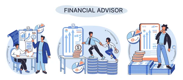 Financial Advisor Giving Advice Investment Money Market Analysis Management Planning —  Vetores de Stock