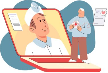 Çevrimiçi tıbbi hizmetler mobil uygulaması, danışma ve reçeteli ilaç, teşhisler, hastaya bağlanan ve danışmanlık yapan profesyonel doktor, teletıp konseptörü, sağlık programı