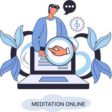 Meditasyon çevrimiçi metafor. Laptop dersleri, yoga çalışmaları, zihinsel egzersizler. Canlı yayın, internet eğitimi. Sağlık uygulaması barış zihniyetini geri getirir. Sağlıklı yaşam tarzı, temiz beyin ve yönetim