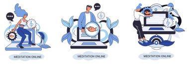 Meditasyon çevrimiçi metafor. Laptop dersleri, yoga çalışmaları, zihinsel egzersizler. Canlı yayın, internet eğitimi. Sağlık uygulaması barış zihniyetini geri getirir. Sağlıklı yaşam tarzı, temiz beyin ve yönetim