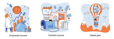 Capital gain, portfolio income, investment income. Investments and bonds, cash flow money slot, mutual fund, finance abstract metaphor. Money investing financiers analyzing stock market profit dollars