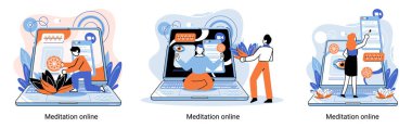 Meditasyon çevrimiçi metafor. Laptop dersleri, yoga çalışmaları, zihinsel egzersizler. Canlı yayın, internet eğitimi. Sağlık uygulaması barış zihniyetini geri getirir. Sağlıklı yaşam tarzı, temiz beyin ve yönetim