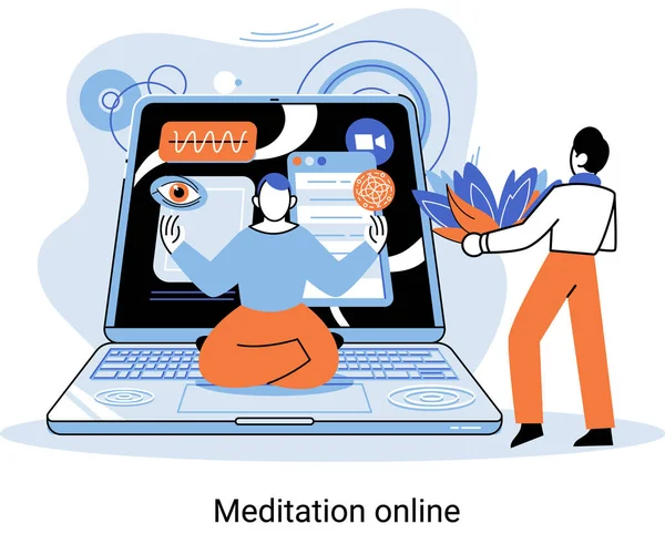 瞑想オンライン隠喩 ラップトップ上のクラス ヨガを練習 精神的な演習 ライブストリーム インターネット教育 ウェルネス練習は平和の心を復元します 健康的なライフスタイル 脳の清掃と管理 — ストックベクタ
