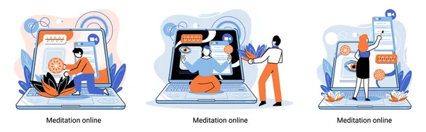 Méditation Métaphore Ligne Cours Sur Ordinateur Portable Pratique Yoga Exercices — Image vectorielle