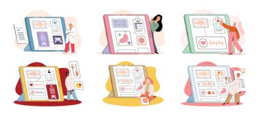 Çevrimiçi tıbbi danışmanlık ve destek metaforu. Çevrimiçi doktor. Sağlık hizmetleri, doktora sorun. Tele tıp e-sağlık servisi. Terapist telefon ekranını arıyor. Hastaların teşhisi